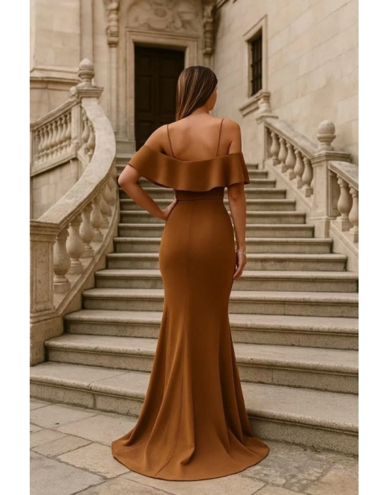 Kadın Dalgıç Krep Yırtmaç Detaylı Askılı Maxi Boy Elbise