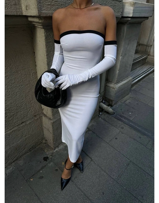 Kadın Dalgıç Kumaş Askısız Yırtmaç Detaylı Elbise