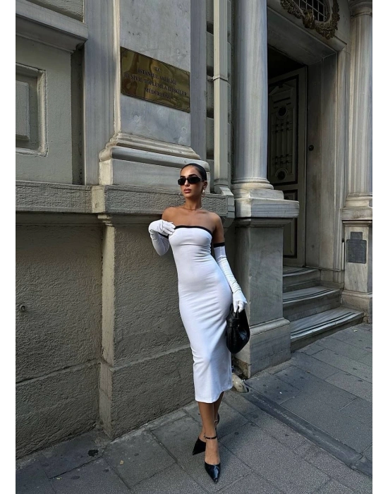 Kadın Dalgıç Kumaş Askısız Yırtmaç Detaylı Elbise