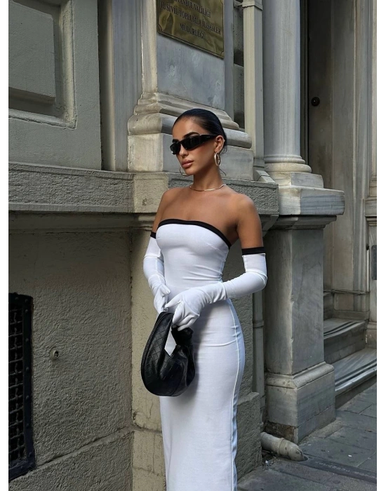 Kadın Dalgıç Kumaş Askısız Yırtmaç Detaylı Elbise