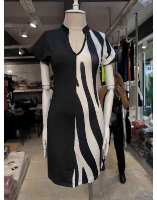 Kadın Dalgıç Kumaş Kısa Kollu V Yaka Tek Taraf Zebra Desen Elbise