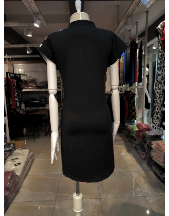 Kadın Dalgıç Kumaş Kısa Kollu V Yaka Tek Taraf Zebra Desen Elbise