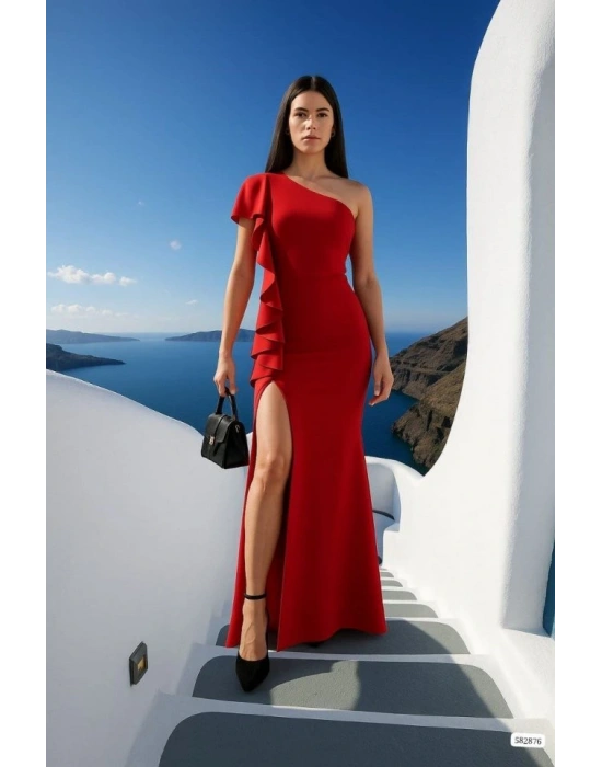 Kadın Dalgıç Kumaş Tek Omuz Askılı Yırtmaç Detaylı Maxi Boy Elbise