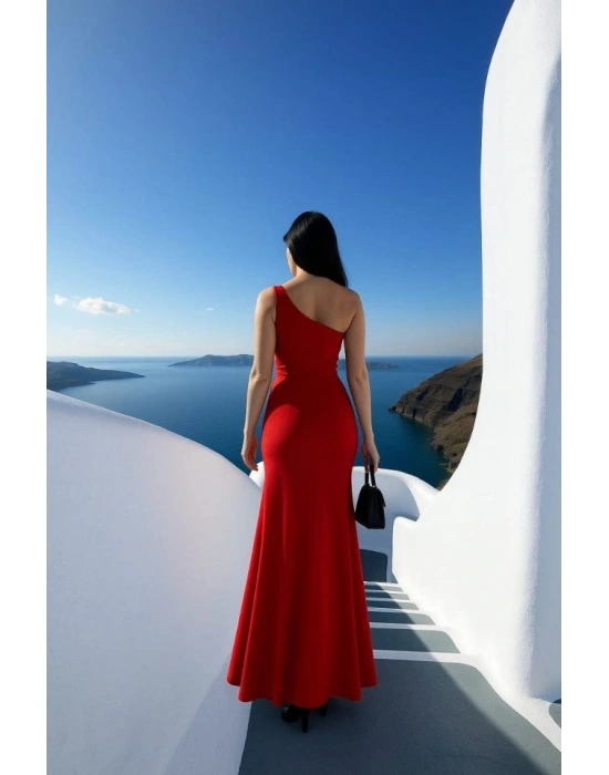 Kadın Dalgıç Kumaş Tek Omuz Askılı Yırtmaç Detaylı Maxi Boy Elbise