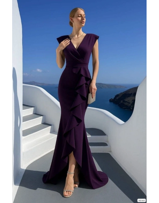 Kadın Dalgıç Kumaş V Yaka Fırfır Detaylı axi Boy Elbise