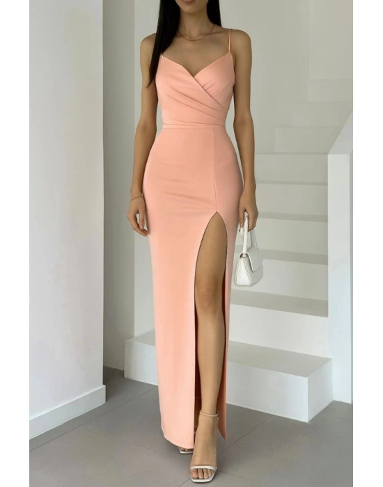 Kadın Dalgıç Kumaş V Yaka Yırtmaç Detaylı Maxi Boy Elbise