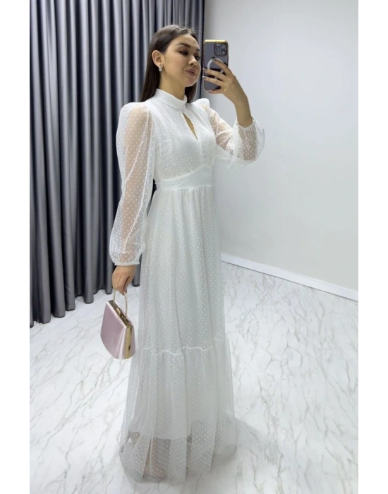 Kadın Damla Yaka ırt Dekolteli Astarlı Tül Elbise