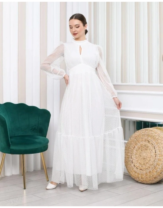 Kadın Damla Yaka ırt Dekolteli Astarlı Tül Elbise