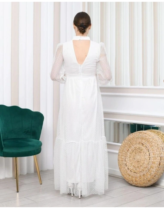 Kadın Damla Yaka ırt Dekolteli Astarlı Tül Elbise