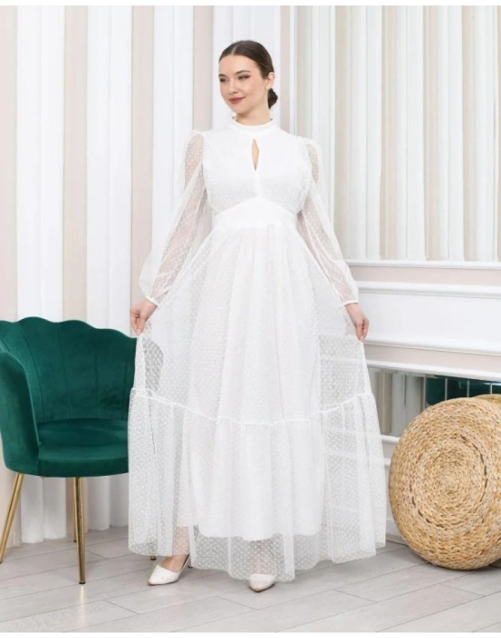 Kadın Damla Yaka ırt Dekolteli Astarlı Tül Elbise