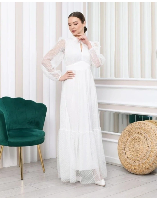 Kadın Damla Yaka ırt Dekolteli Astarlı Tül Elbise