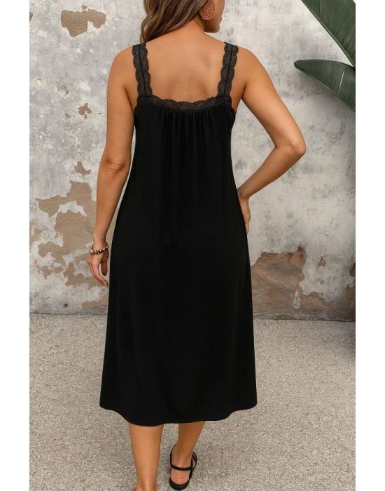 Kadın Dantel Askılı Kare Yakalı Uzun Viskon Elbise