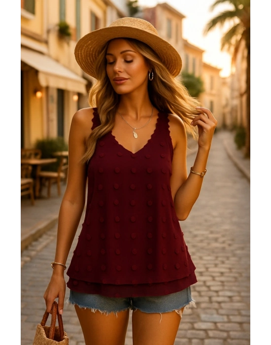 Kadın Dantel Askılı V Yakalı Sırtı çapraz Detaylı Ponpon Bluz