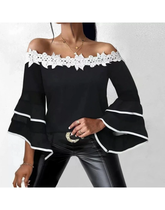 Kadın Dantel Detay Madonna Yaka Ispanyol Kol Fırsat ürün Bluz