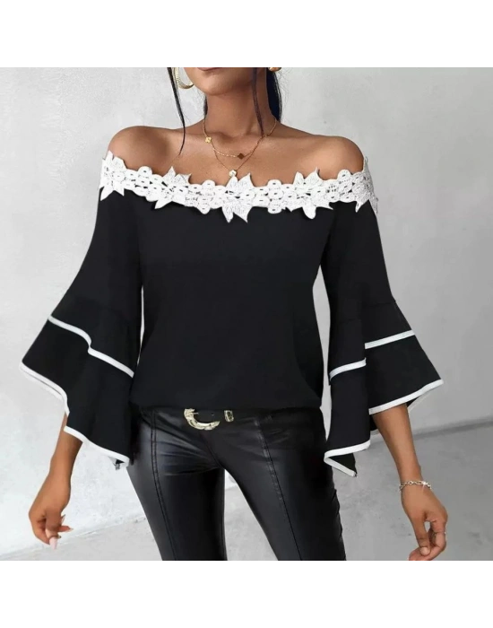 Kadın Dantel Detay Madonna Yaka Ispanyol Kol Fırsat ürün Bluz