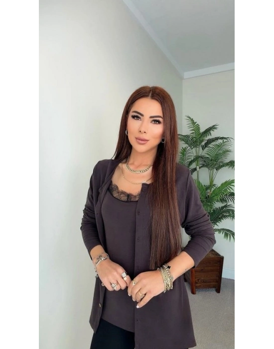 Kadın Dantel Güpür Detay Tek Parça Hırkalı Bluz