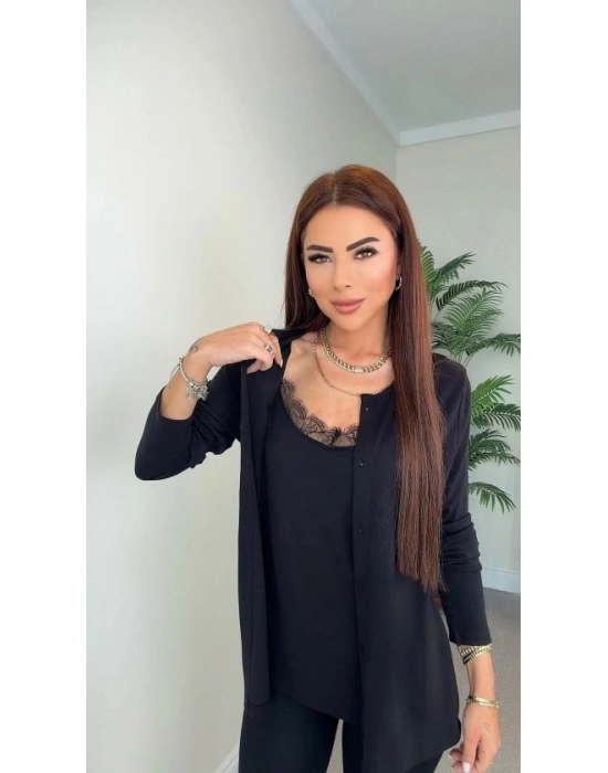 Kadın Dantel Güpür Detay Tek Parça Hırkalı Bluz