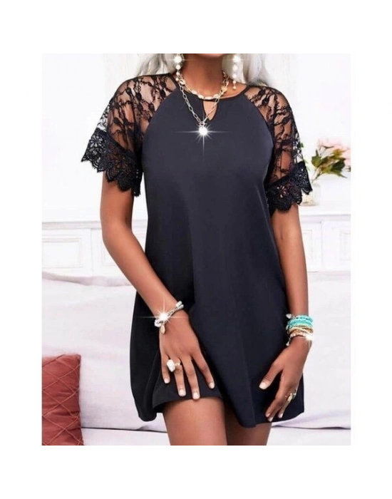 Kadın Dantelli Kısa Kollu Damla Yaka Krep Elbise