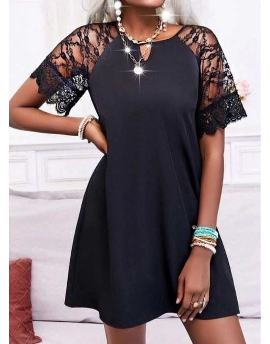 Kadın Dantelli Kısa Kollu Damla Yaka Krep Elbise