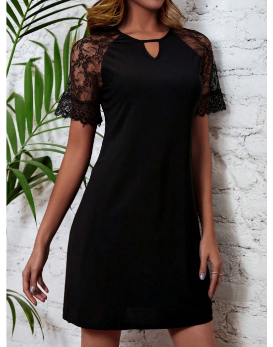 Kadın Dantelli Kısa Kollu Damla Yaka Krep Elbise
