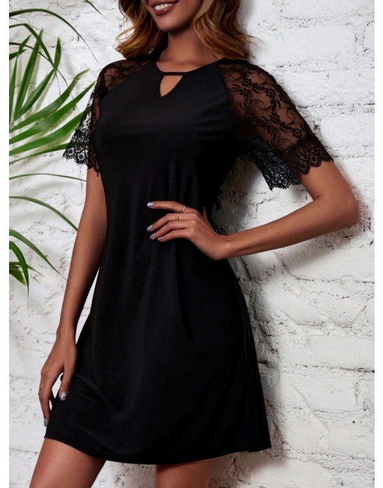 Kadın Dantelli Kısa Kollu Damla Yaka Krep Elbise