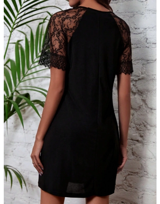 Kadın Dantelli Kısa Kollu Damla Yaka Krep Elbise