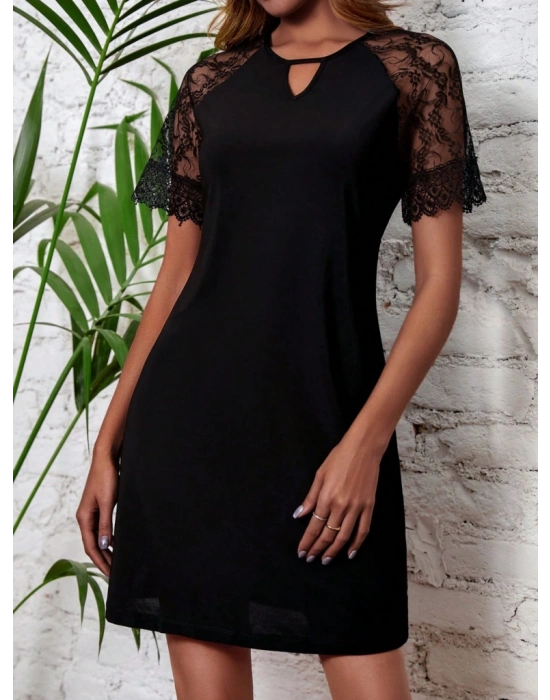 Kadın Dantelli Kısa Kollu Damla Yaka Krep Elbise