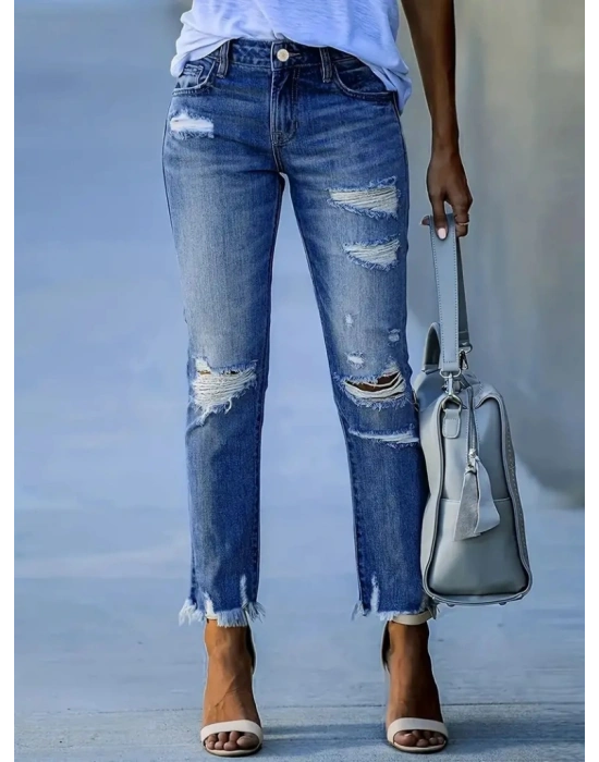 Kadın Dar Kesim Cepli önden Yırtık Desenli Denim Pantolon