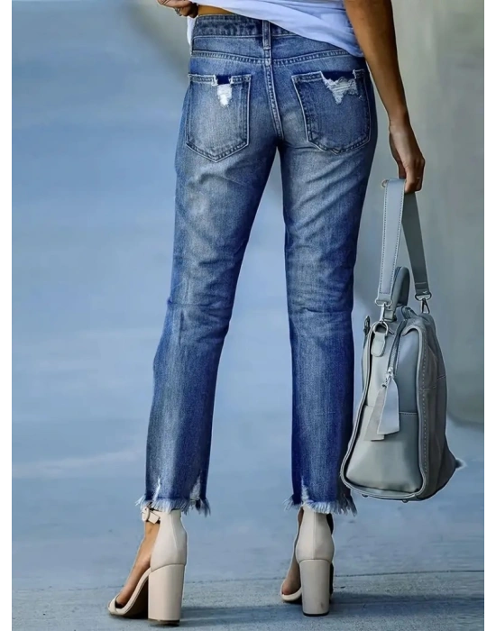 Kadın Dar Kesim Cepli önden Yırtık Desenli Denim Pantolon