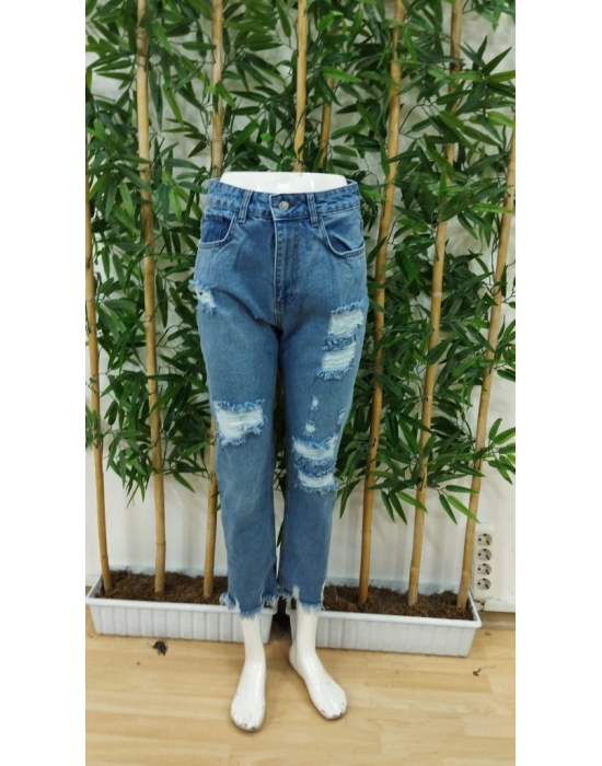 Kadın Dar Kesim Cepli önden Yırtık Desenli Denim Pantolon