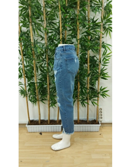 Kadın Dar Kesim Cepli önden Yırtık Desenli Denim Pantolon