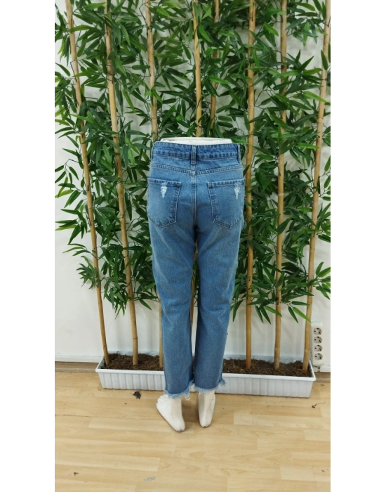 Kadın Dar Kesim Cepli önden Yırtık Desenli Denim Pantolon