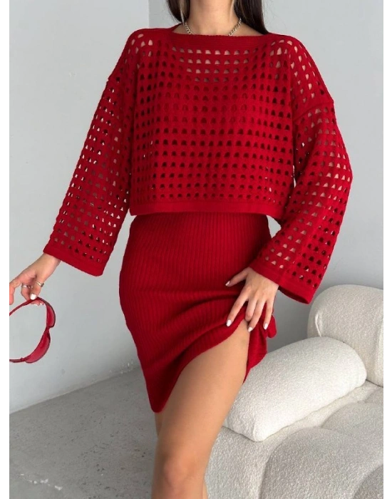 Kadın Delikli Kazak Askılı Elbise Triko Kumaş Ikili Takım