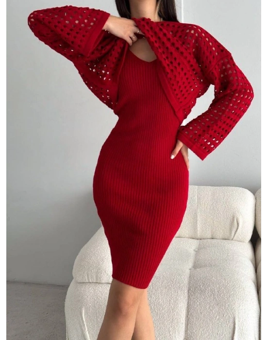 Kadın Delikli Kazak Askılı Elbise Triko Kumaş Ikili Takım