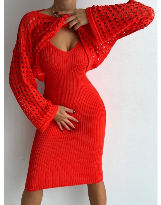 Kadın Delikli Kazak Askılı Elbise Triko Kumaş Ikili Takım