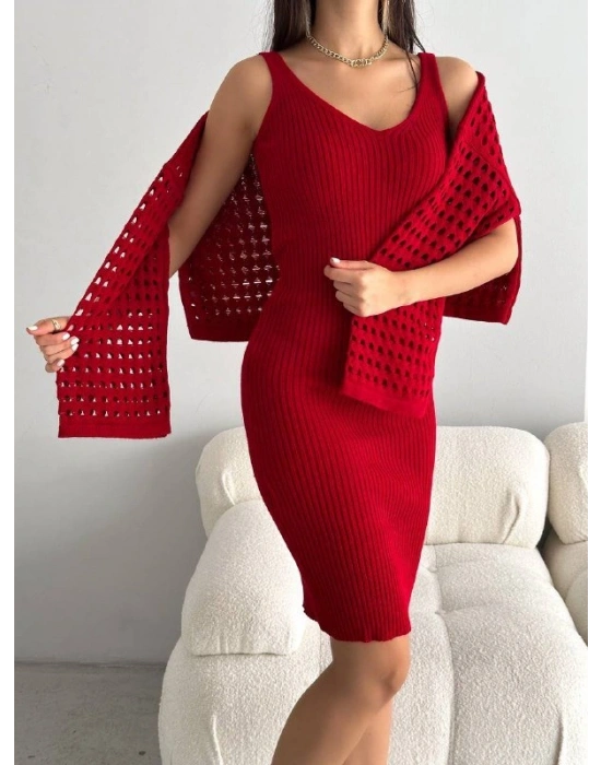 Kadın Delikli Kazak Askılı Elbise Triko Kumaş Ikili Takım