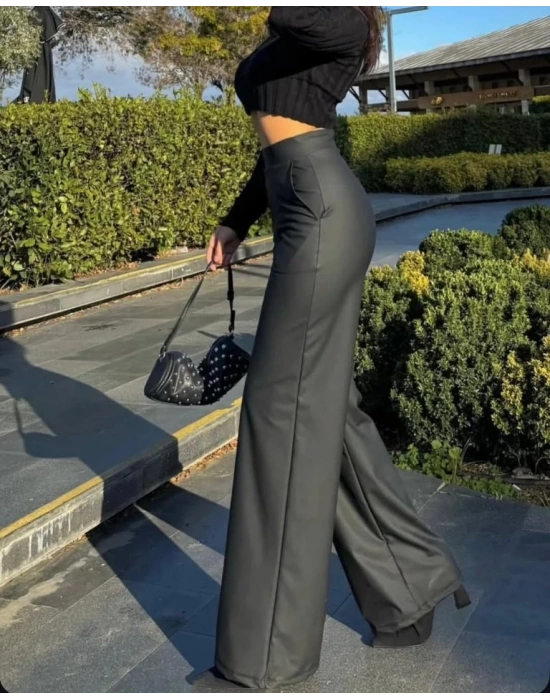 Kadın Deri Kumaş Yüksek Bel Içi şardonlu Likralı Palazzo Deri Pantolon