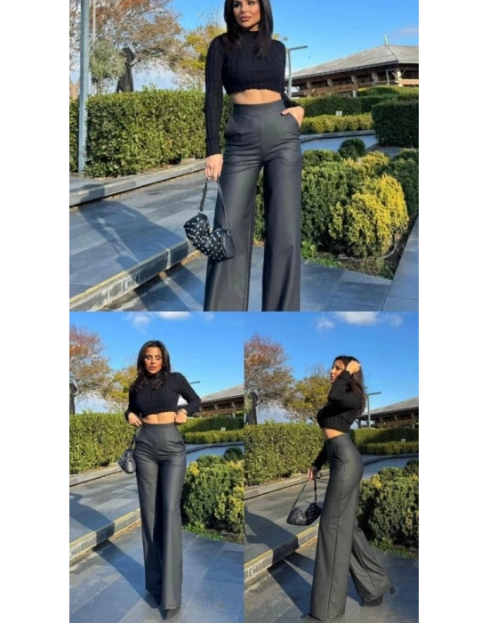 Kadın Deri Kumaş Yüksek Bel Içi şardonlu Likralı Palazzo Deri Pantolon