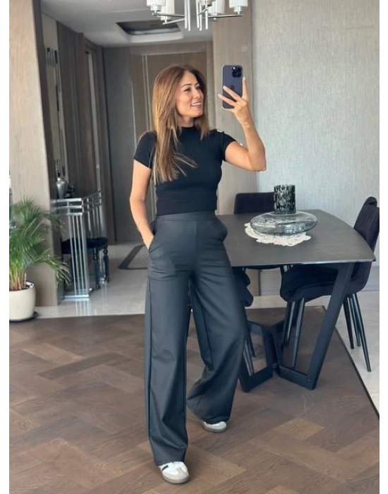 Kadın Deri Kumaş Yüksek Bel Içi şardonlu Likralı Palazzo Deri Pantolon