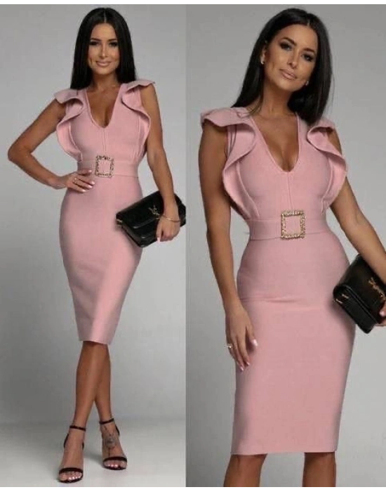 Kadın Derin V Dekolteli Omuzları Volan Detay Fırsat ürün Tokalı Elbise