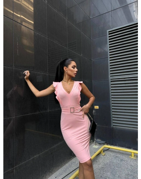 Kadın Derin V Dekolteli Omuzları Volan Detay Fırsat ürün Tokalı Elbise