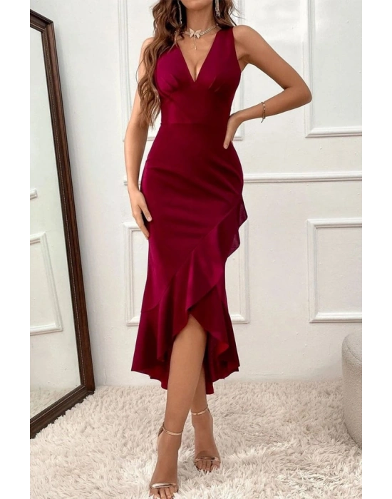 Kadın Derin V Yaka Etek Ucu önden Arkaya Volan Detay Ithal Krep Elbise