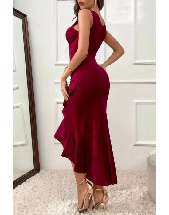 Kadın Derin V Yaka Etek Ucu önden Arkaya Volan Detay Ithal Krep Elbise