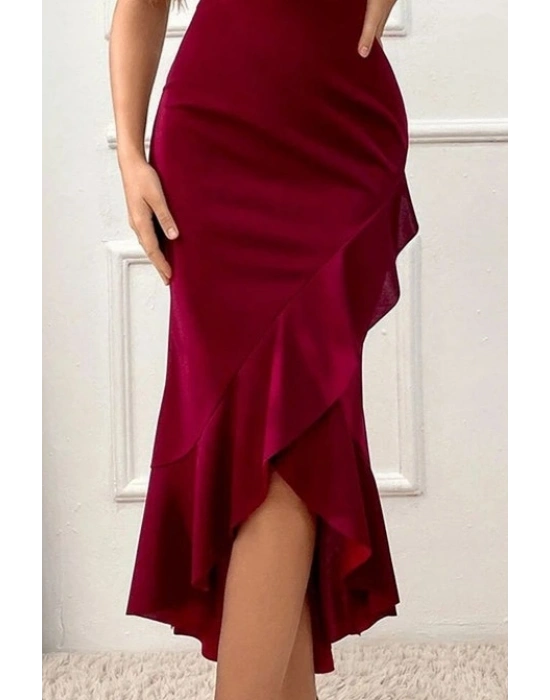 Kadın Derin V Yaka Etek Ucu önden Arkaya Volan Detay Ithal Krep Elbise