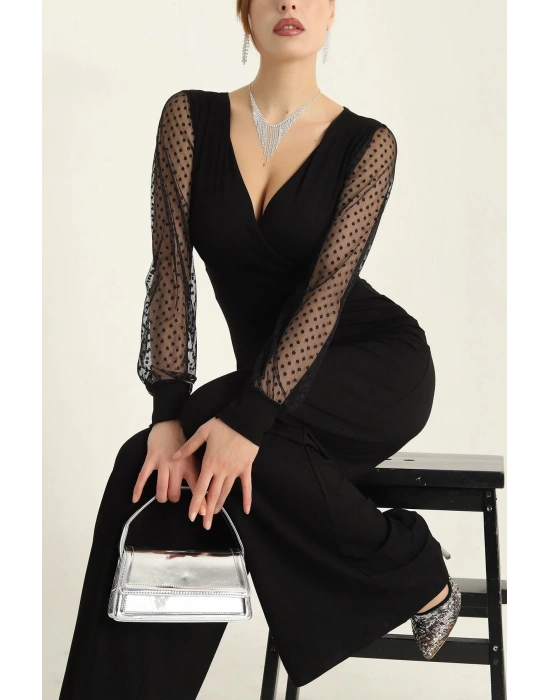 Kadın Derin V Yaka Kolları Puantiyeli Tül Detay Ispanyol Paça Tulum