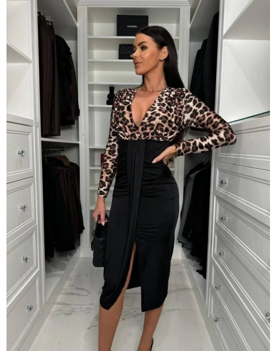 Kadın Dijital Baskılı Full Likralı Kristal örme Kumaş Drape Detaylı Yırtmaç Dekolteli idi Boy Elbise