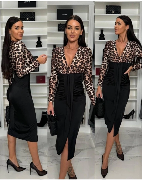 Kadın Dijital Baskılı Full Likralı Kristal örme Kumaş Drape Detaylı Yırtmaç Dekolteli idi Boy Elbise