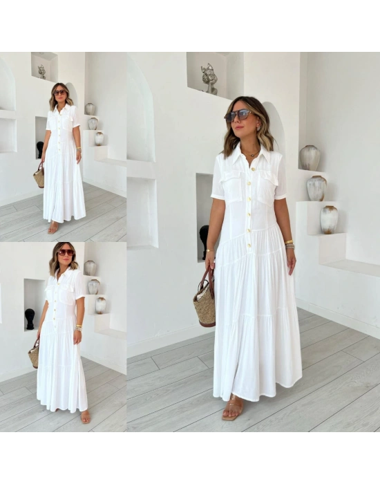 Kadın Dokuma Kumaş Cep Detaylı axi Boy Gömlek Elbise