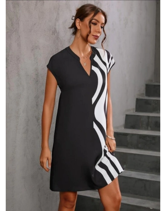 Kadın Dokuma Viskon Kumaş V Yaka Zebra Desenli Elbise