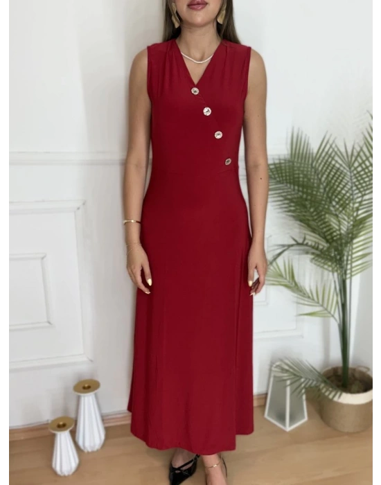Kadın Düğme Detay Kolsuz Maxi Boy Elbise